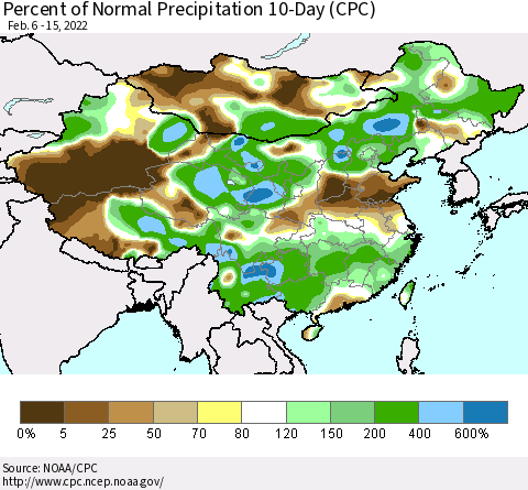 China, Mongolia and Taiwan Percent of Normal Precipitation 10-Day (CPC) Thematic Map For 2/6/2022 - 2/15/2022
