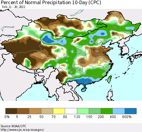 China, Mongolia and Taiwan Percent of Normal Precipitation 10-Day (CPC) Thematic Map For 2/11/2022 - 2/20/2022