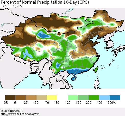 China, Mongolia and Taiwan Percent of Normal Precipitation 10-Day (CPC) Thematic Map For 2/16/2022 - 2/25/2022