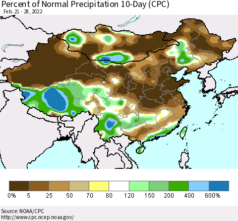 China, Mongolia and Taiwan Percent of Normal Precipitation 10-Day (CPC) Thematic Map For 2/21/2022 - 2/28/2022