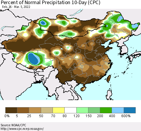 China, Mongolia and Taiwan Percent of Normal Precipitation 10-Day (CPC) Thematic Map For 2/26/2022 - 3/5/2022