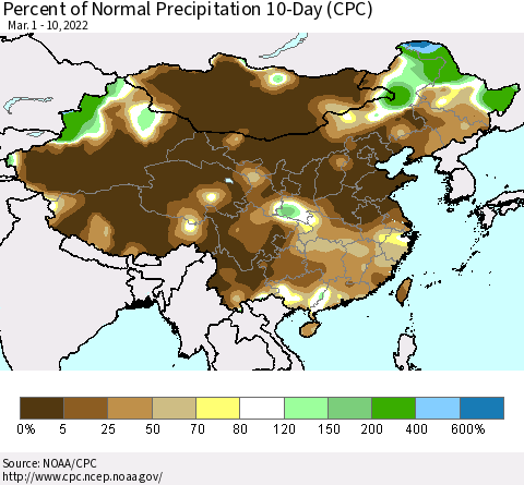China, Mongolia and Taiwan Percent of Normal Precipitation 10-Day (CPC) Thematic Map For 3/1/2022 - 3/10/2022