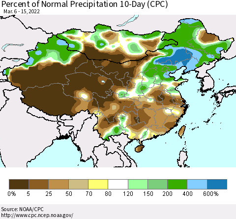 China, Mongolia and Taiwan Percent of Normal Precipitation 10-Day (CPC) Thematic Map For 3/6/2022 - 3/15/2022