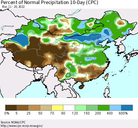 China, Mongolia and Taiwan Percent of Normal Precipitation 10-Day (CPC) Thematic Map For 3/11/2022 - 3/20/2022