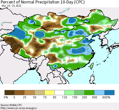 China, Mongolia and Taiwan Percent of Normal Precipitation 10-Day (CPC) Thematic Map For 3/16/2022 - 3/25/2022