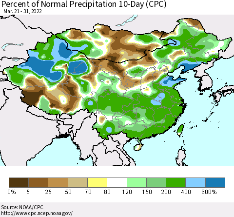 China, Mongolia and Taiwan Percent of Normal Precipitation 10-Day (CPC) Thematic Map For 3/21/2022 - 3/31/2022