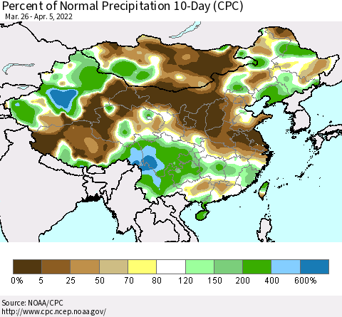 China, Mongolia and Taiwan Percent of Normal Precipitation 10-Day (CPC) Thematic Map For 3/26/2022 - 4/5/2022
