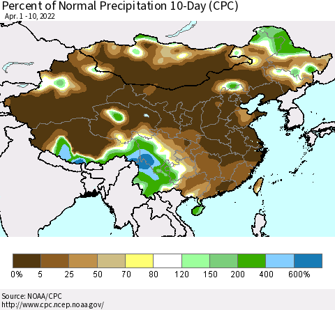China, Mongolia and Taiwan Percent of Normal Precipitation 10-Day (CPC) Thematic Map For 4/1/2022 - 4/10/2022