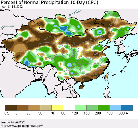 China, Mongolia and Taiwan Percent of Normal Precipitation 10-Day (CPC) Thematic Map For 4/6/2022 - 4/15/2022