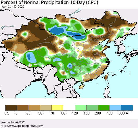 China, Mongolia and Taiwan Percent of Normal Precipitation 10-Day (CPC) Thematic Map For 4/11/2022 - 4/20/2022