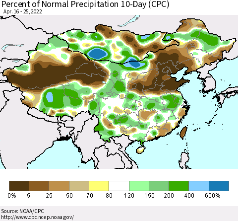 China, Mongolia and Taiwan Percent of Normal Precipitation 10-Day (CPC) Thematic Map For 4/16/2022 - 4/25/2022