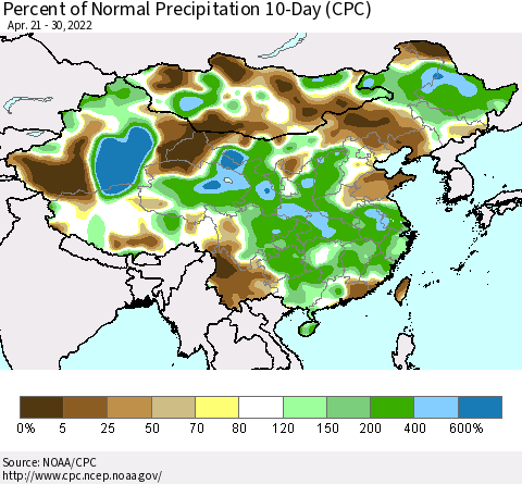 China, Mongolia and Taiwan Percent of Normal Precipitation 10-Day (CPC) Thematic Map For 4/21/2022 - 4/30/2022
