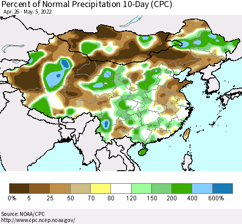 China, Mongolia and Taiwan Percent of Normal Precipitation 10-Day (CPC) Thematic Map For 4/26/2022 - 5/5/2022