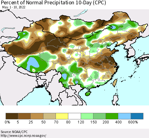China, Mongolia and Taiwan Percent of Normal Precipitation 10-Day (CPC) Thematic Map For 5/1/2022 - 5/10/2022