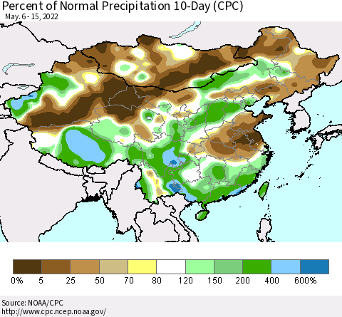 China, Mongolia and Taiwan Percent of Normal Precipitation 10-Day (CPC) Thematic Map For 5/6/2022 - 5/15/2022