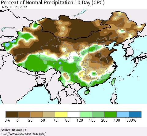 China, Mongolia and Taiwan Percent of Normal Precipitation 10-Day (CPC) Thematic Map For 5/11/2022 - 5/20/2022