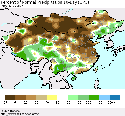 China, Mongolia and Taiwan Percent of Normal Precipitation 10-Day (CPC) Thematic Map For 5/16/2022 - 5/25/2022