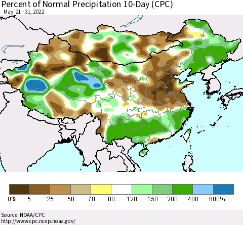 China, Mongolia and Taiwan Percent of Normal Precipitation 10-Day (CPC) Thematic Map For 5/21/2022 - 5/31/2022