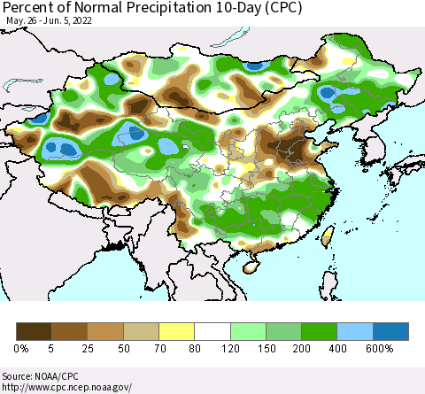 China, Mongolia and Taiwan Percent of Normal Precipitation 10-Day (CPC) Thematic Map For 5/26/2022 - 6/5/2022