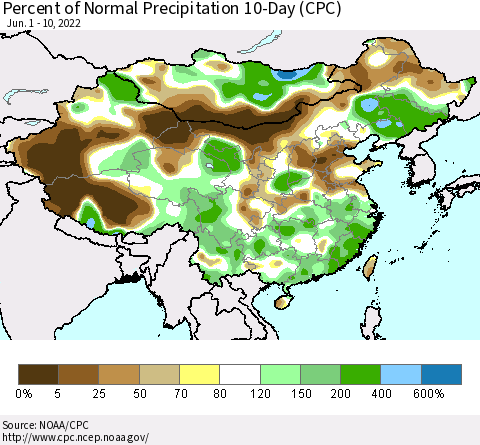 China, Mongolia and Taiwan Percent of Normal Precipitation 10-Day (CPC) Thematic Map For 6/1/2022 - 6/10/2022