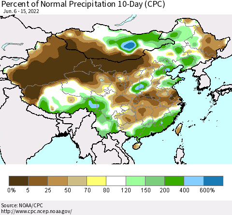 China, Mongolia and Taiwan Percent of Normal Precipitation 10-Day (CPC) Thematic Map For 6/6/2022 - 6/15/2022