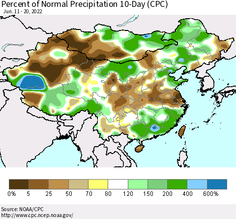 China, Mongolia and Taiwan Percent of Normal Precipitation 10-Day (CPC) Thematic Map For 6/11/2022 - 6/20/2022