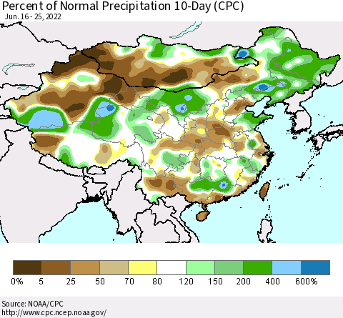 China, Mongolia and Taiwan Percent of Normal Precipitation 10-Day (CPC) Thematic Map For 6/16/2022 - 6/25/2022