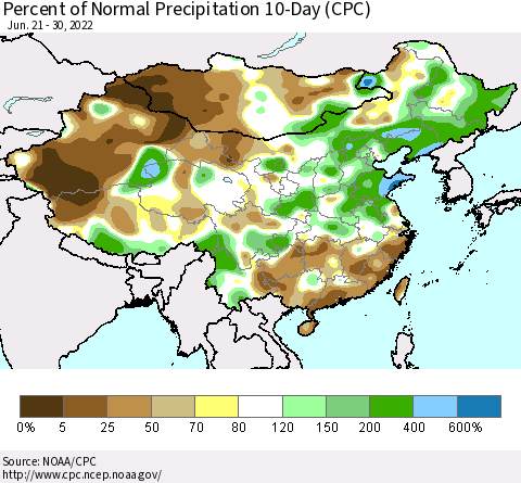 China, Mongolia and Taiwan Percent of Normal Precipitation 10-Day (CPC) Thematic Map For 6/21/2022 - 6/30/2022