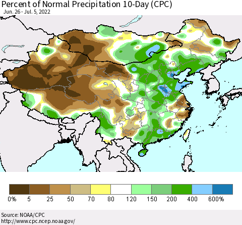 China, Mongolia and Taiwan Percent of Normal Precipitation 10-Day (CPC) Thematic Map For 6/26/2022 - 7/5/2022