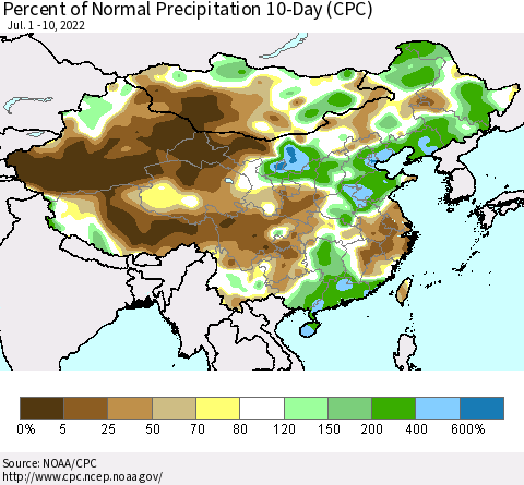 China, Mongolia and Taiwan Percent of Normal Precipitation 10-Day (CPC) Thematic Map For 7/1/2022 - 7/10/2022