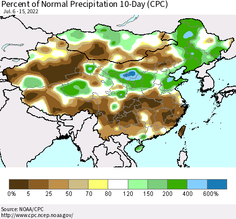 China, Mongolia and Taiwan Percent of Normal Precipitation 10-Day (CPC) Thematic Map For 7/6/2022 - 7/15/2022
