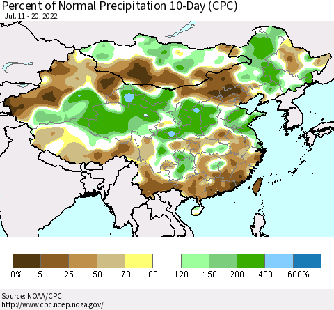 China, Mongolia and Taiwan Percent of Normal Precipitation 10-Day (CPC) Thematic Map For 7/11/2022 - 7/20/2022