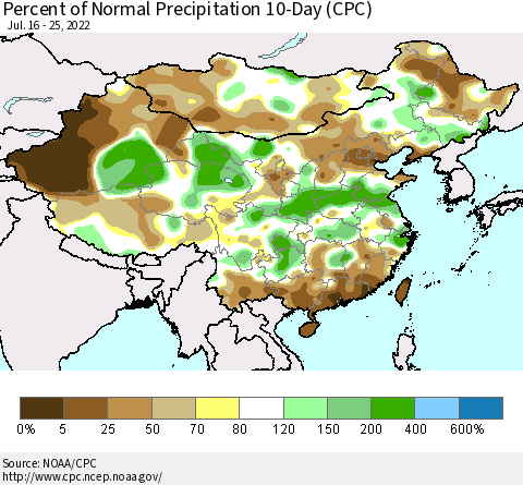 China, Mongolia and Taiwan Percent of Normal Precipitation 10-Day (CPC) Thematic Map For 7/16/2022 - 7/25/2022