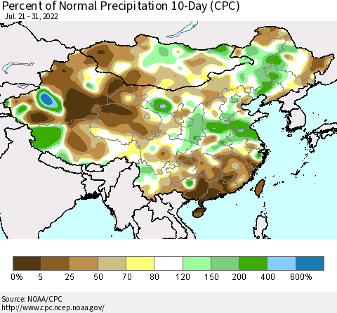 China, Mongolia and Taiwan Percent of Normal Precipitation 10-Day (CPC) Thematic Map For 7/21/2022 - 7/31/2022