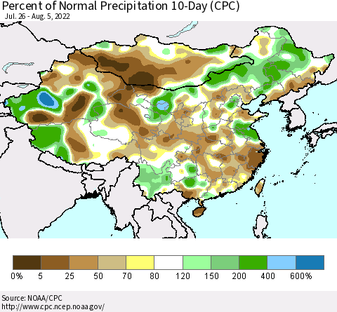 China, Mongolia and Taiwan Percent of Normal Precipitation 10-Day (CPC) Thematic Map For 7/26/2022 - 8/5/2022