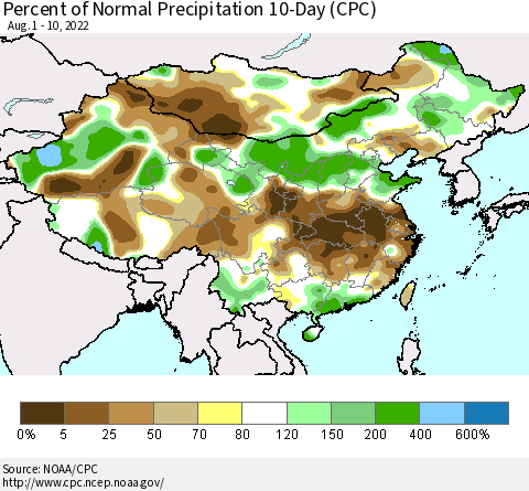 China, Mongolia and Taiwan Percent of Normal Precipitation 10-Day (CPC) Thematic Map For 8/1/2022 - 8/10/2022