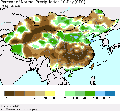 China, Mongolia and Taiwan Percent of Normal Precipitation 10-Day (CPC) Thematic Map For 8/6/2022 - 8/15/2022