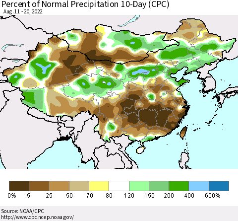 China, Mongolia and Taiwan Percent of Normal Precipitation 10-Day (CPC) Thematic Map For 8/11/2022 - 8/20/2022