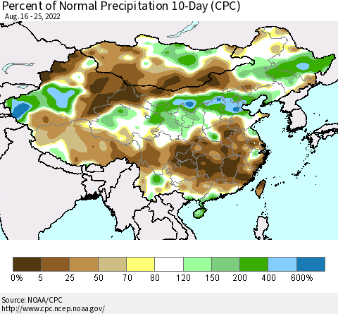 China, Mongolia and Taiwan Percent of Normal Precipitation 10-Day (CPC) Thematic Map For 8/16/2022 - 8/25/2022
