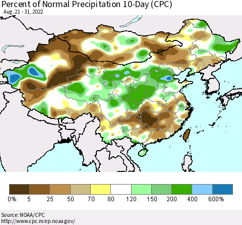 China, Mongolia and Taiwan Percent of Normal Precipitation 10-Day (CPC) Thematic Map For 8/21/2022 - 8/31/2022