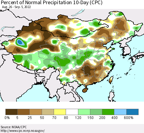 China, Mongolia and Taiwan Percent of Normal Precipitation 10-Day (CPC) Thematic Map For 8/26/2022 - 9/5/2022