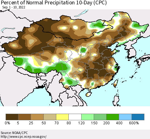 China, Mongolia and Taiwan Percent of Normal Precipitation 10-Day (CPC) Thematic Map For 9/1/2022 - 9/10/2022