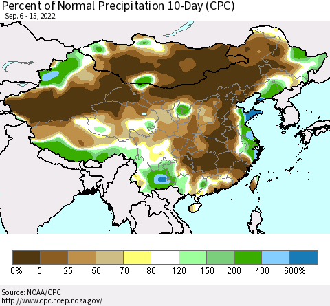 China, Mongolia and Taiwan Percent of Normal Precipitation 10-Day (CPC) Thematic Map For 9/6/2022 - 9/15/2022