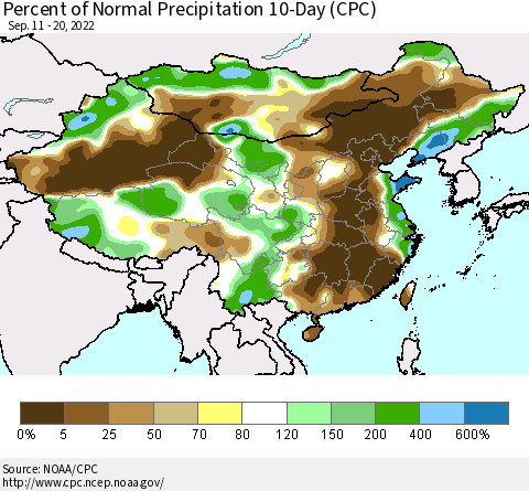 China, Mongolia and Taiwan Percent of Normal Precipitation 10-Day (CPC) Thematic Map For 9/11/2022 - 9/20/2022