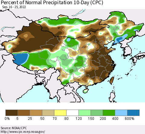 China, Mongolia and Taiwan Percent of Normal Precipitation 10-Day (CPC) Thematic Map For 9/16/2022 - 9/25/2022