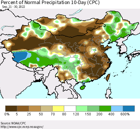 China, Mongolia and Taiwan Percent of Normal Precipitation 10-Day (CPC) Thematic Map For 9/21/2022 - 9/30/2022