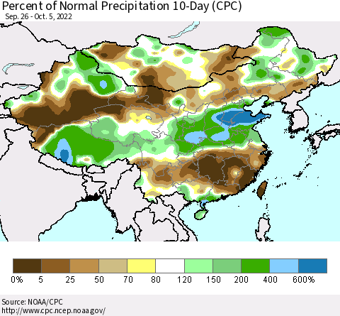 China, Mongolia and Taiwan Percent of Normal Precipitation 10-Day (CPC) Thematic Map For 9/26/2022 - 10/5/2022
