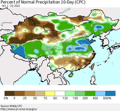 China, Mongolia and Taiwan Percent of Normal Precipitation 10-Day (CPC) Thematic Map For 10/1/2022 - 10/10/2022