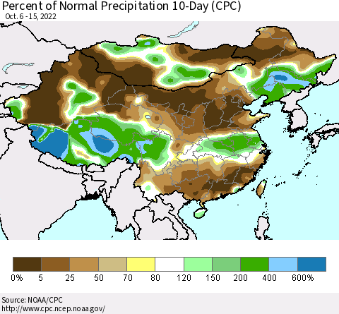 China, Mongolia and Taiwan Percent of Normal Precipitation 10-Day (CPC) Thematic Map For 10/6/2022 - 10/15/2022