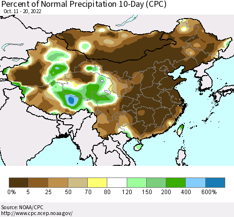 China, Mongolia and Taiwan Percent of Normal Precipitation 10-Day (CPC) Thematic Map For 10/11/2022 - 10/20/2022
